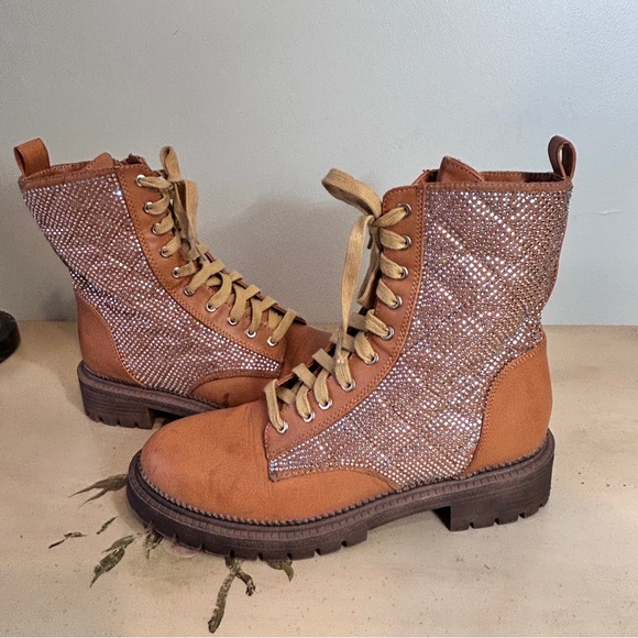 Bebe Tan Faux Leather Silver Rhinestone Bling LaceUp Military Style Boots - Picture 4 of 16